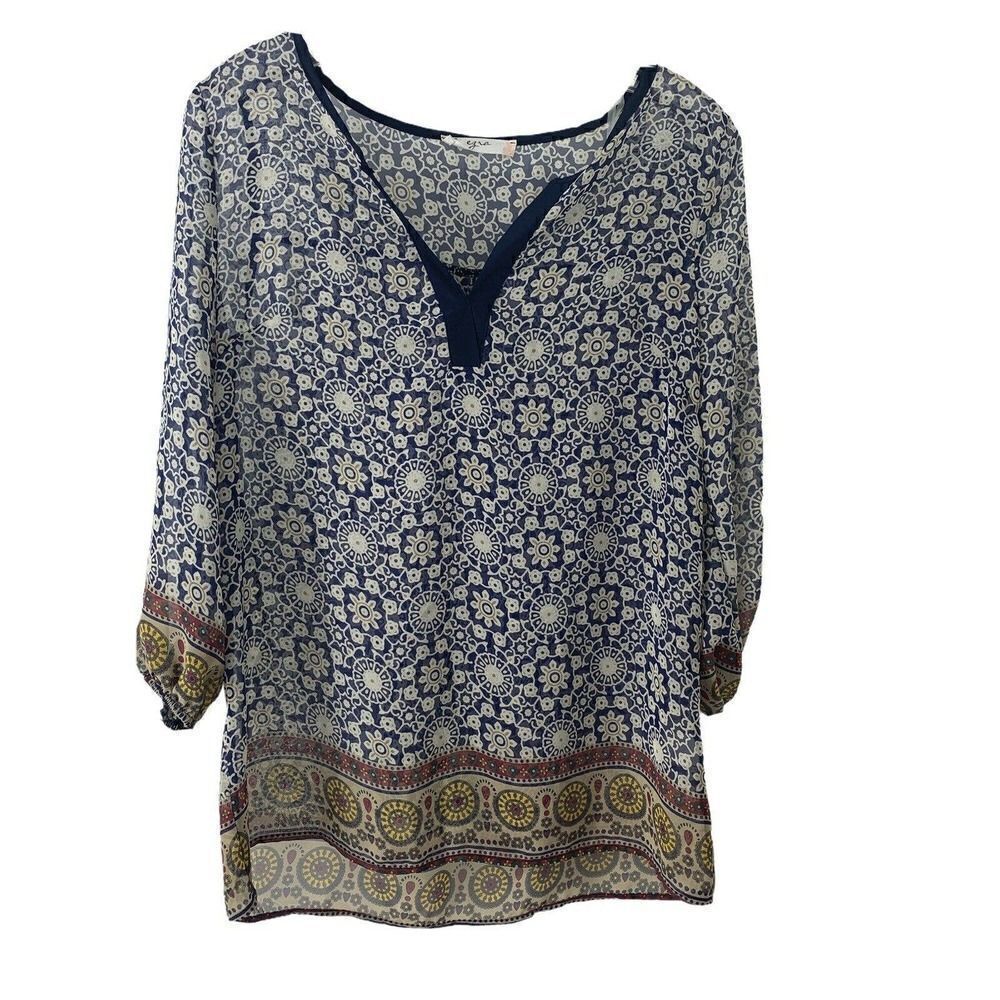 Blue 3/4Ā Sleeve VāNeckāBlouseāToileāPatternāBohoāS